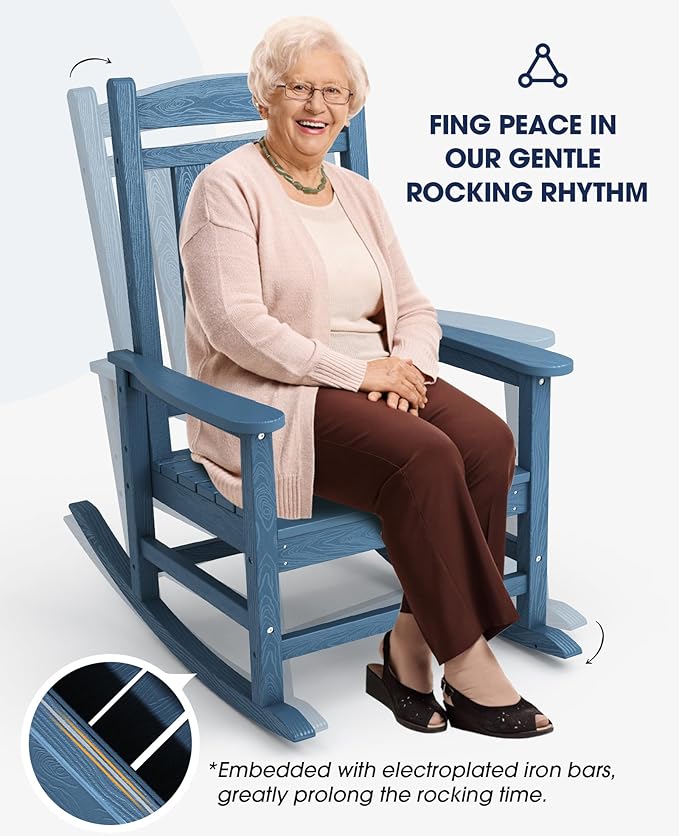 KINGYES HDPE Patio Rocking Chair Set of 4, Outdoor Rocking Chairs Porch Rocker for Adults, Navy KINGYES