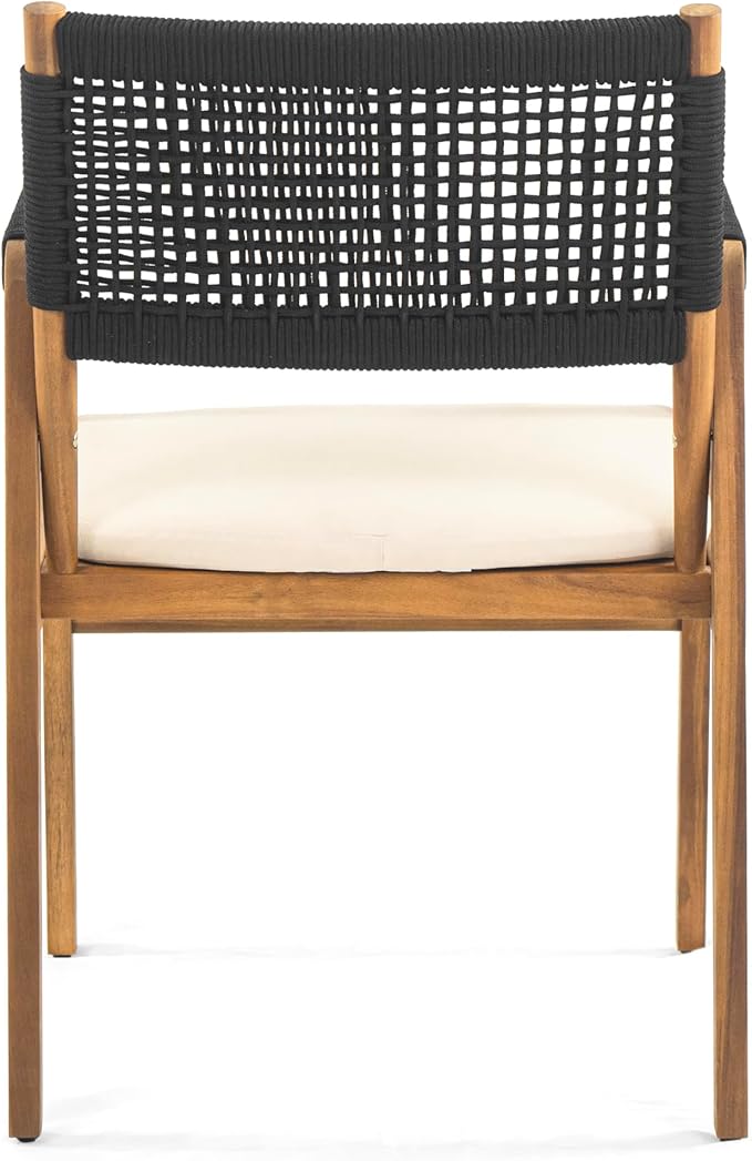 Christopher Knight Home Pasco Acacia Wood Outdoor Dining Table Set for 6, Wicker Patio Dining Set with Acacia Wood Table and Bench, Patio Table and Chair Set with Cushion+Rope Backrest,Black+Teak+Grey ChristopherKnightHome