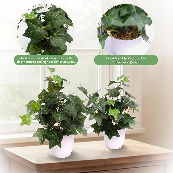 alyptus Fake English Ivy Plants in Pots Set of 2 – Realistic Artificial Ivy Greenery for Home Decor, Tabletop, Office, Shelf, Balcony or Bathroom - Green with White Pots ALYPTUS