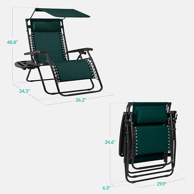 Best Choice Products 30” Wide Folding Zero Gravity Outdoor Recliner Patio Lounge Chair w/Adjustable Canopy Shade, Headrest, Side Accessory Tray - Forest Green BestChoiceProducts