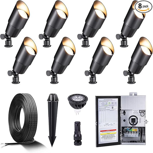 Gardenreet Black Brass Low Voltage Landscape Spotlights(8-Pack) Kit 12V LED with 150W Low Voltage Transformer & Mechanical Timer & 100FT Wire & 40Pack Connectors for Outdoor House Garden Patio Gardenreet
