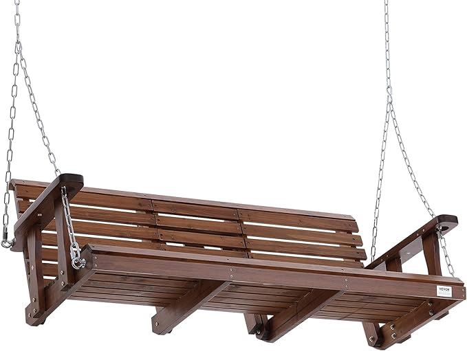 VEVOR Wooden Porch Swing 5 ft, Patio Bench Swing for Courtyard & Garden, Upgraded 880 lbs Strong Load Capacity, Heavy Duty Swing Chair Bench with Hanging Chains for Outdoors, Brown VEVOR