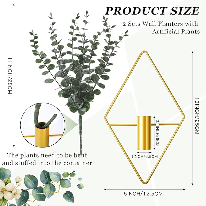 Jexine 8 Pcs Hanging Planters with Artificial Eucalyptus Metal Hanging Vase Indoor Plants Holder Modern Geometric Boho Bathroom Wall Decor for Living Room Home Office (Eucalyptus,Gold) Jexine