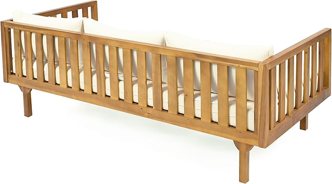 Christopher Knight Home Claremont Outdoor 3 Seater Acacia Wood Daybed with Fabric Water Resistant and Removable Cushions, Patio Garden Poolside Sofa with Slat Paneling Armrest and Back, Teak and Beige ChristopherKnightHome