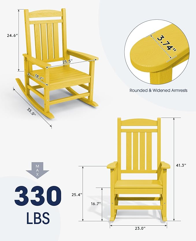 KINGYES HDPE Rocking Chairs Outdoor, Patio Rocking Chairs with 330lbs Support, Smooth Porch Rocker for Deck Lawn Yard, Yellow KINGYES