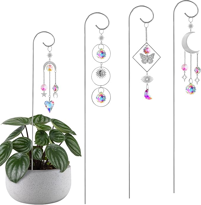 HDCRYSTALGIFTS 4 Pack Crystal Sun Catchers with 13.5'' Small Trellis for Potted Plants Indoor Plant Stake Suncatcher Decoration for Home Window Garden, Sliver HDCRYSTALGIFTS