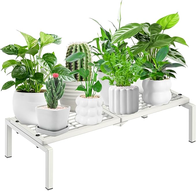 1 Tier Metal Plant Stand Indoor Outdoor, Potted Multiple Flower Pot Holder Rack Plant Shelf, Heavy Duty Planter Display Shelving for Patio Balcony Garden Living Room Decorative (White) Gouisalin