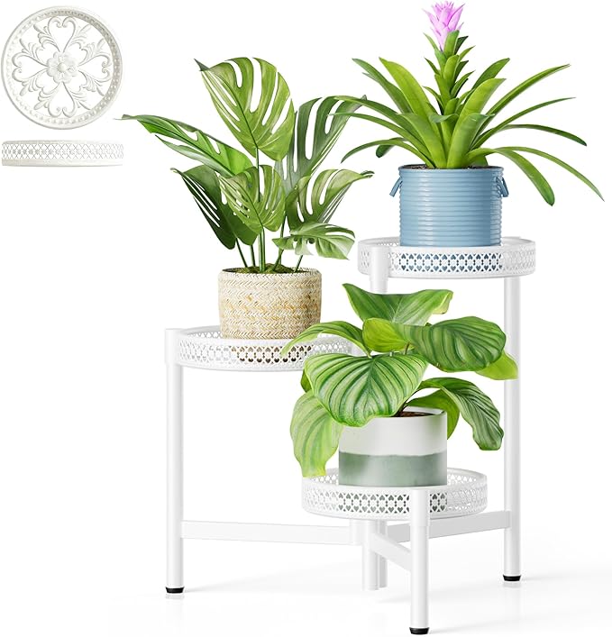 3 Tiered Tall Plant Stand Indoor Outdoor, Metral Plant Shelf for Corner Display Rack, Multi-Tier Folding Planter Pot Holder Flower Stand for Living Room Balcony Garden Patio - WhiteWave Rootora