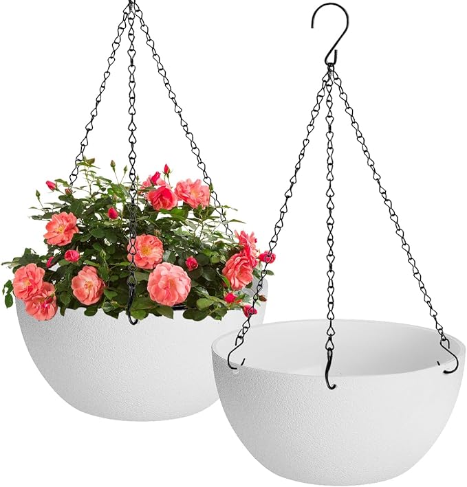 13 inch Hanging Planters for Indoor Plants, 2 Pack Planters for Outdoor Plants with Drainage Holes and Chain, Round Plastic Hanging Baskets, Hanging Flower Pots for Balcony Garden Decor-White HIGSEEU
