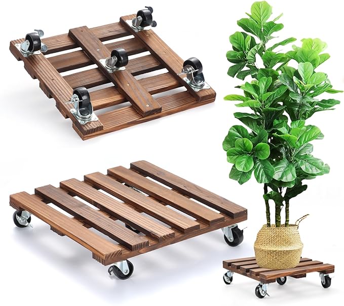 2 Pack Plant Stand with Wheels, 12" Rolling Plant Stand 264 LBS Heavy Duty Wooden Square Plant Caddy with Metal 360° Lockable Caster Wheels for Outdoor Indoor Large Plant Pots, Flower Pot, Patio PRAQECZ