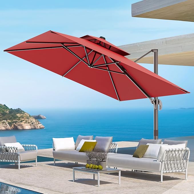 9' X 12' Cantilever Outdoor Patio Umbrellas Double Top Large Rectangle Umbrella Heavy Duty 360°Rotation Offset Umbrella for Garden Deck Pool Patio,Red ORYNTREX