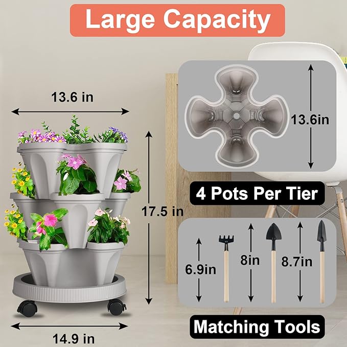 DUNCHATY Stackable Planter, Vertical Garden Planter with Wheels and Tools, Self Watering Strawberry Planter Indoor/Outdoor 3 Tier Herb Planter Pots for Growing Vegetables and Succulents,Gray DUNCHATY