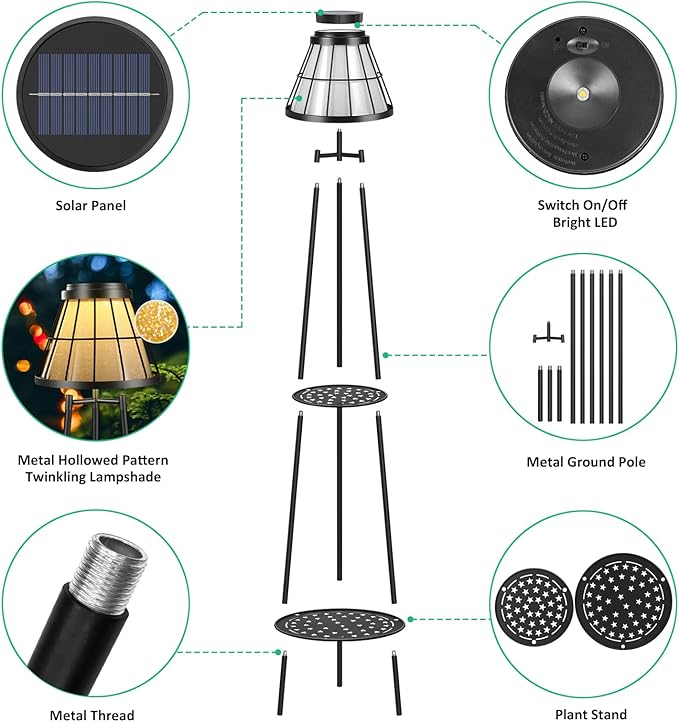 2 Pack 45.5'' Outdoor Floor Lamps with 2 Tier Plant Stand, Solar Powered Metal Waterproof Lights for Patio Deck Yard Garden Porch Decor VISFLAIR