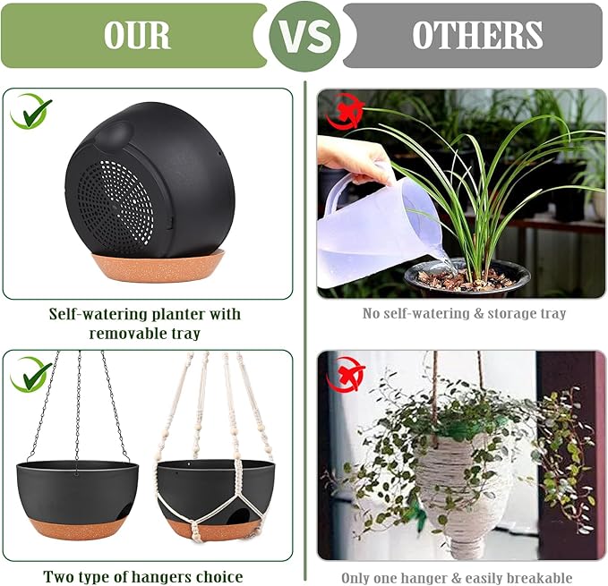 Hanging Planters for Outdoor Indoor Plants, 2 Pack 12 Inch Hanging Basket Plants Outdoor, Self Watering Hanging Planter with Plant Hanger for Garden Home Decoration (2 Type Plant Hangers Black) Lucieblessdesign