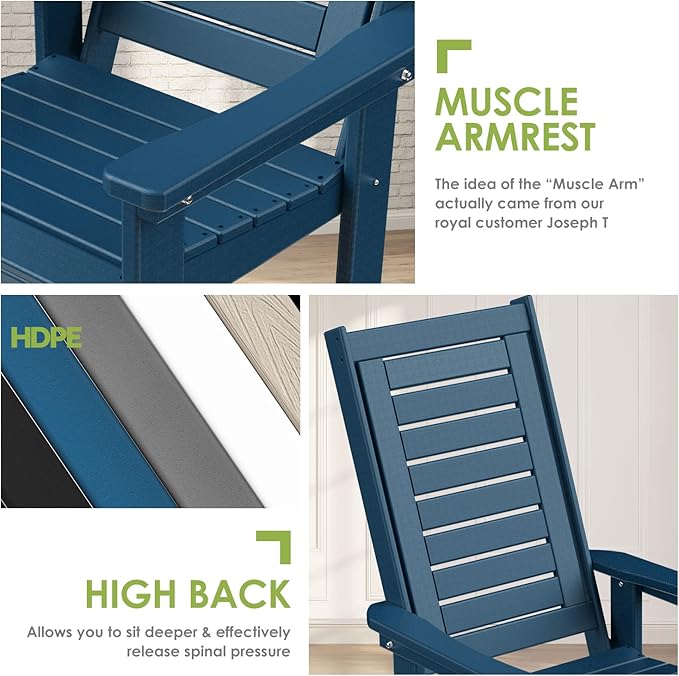 GREENVINES Outdoor Rocking Chairs | Porch Rocker | HDPE Plastic | Blue | Oversized Rockers | High Back | Big & Tall | Ladder Back | for Patio Outside Backyard Balcony Garden GreenVines