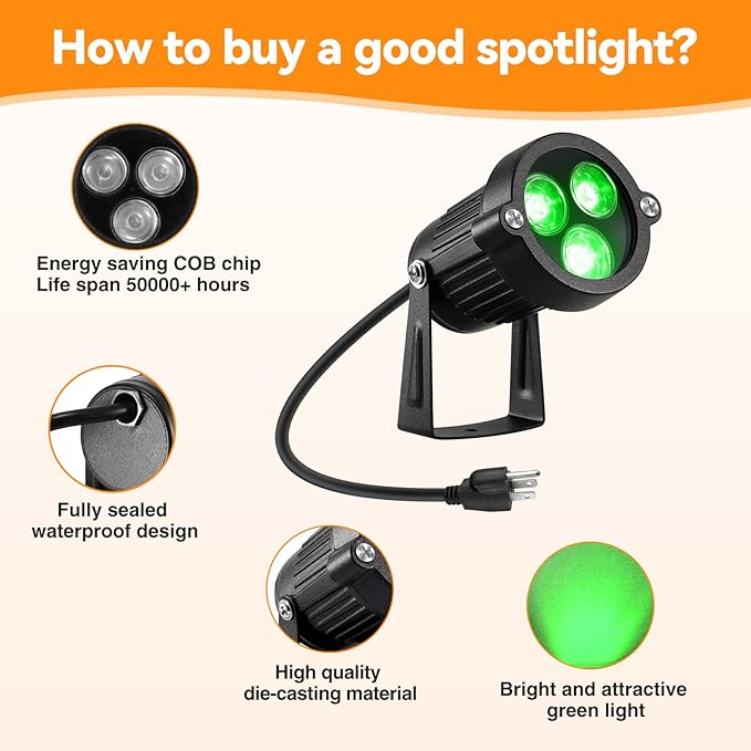 LemonBest Outdoor Water-Resistant LED Lawn Garden Landscape Lamp Wall Yard Path Patio Lighting Spot Lights Green AC Spiked Stand with Power Plug (1) LemonBest