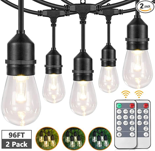 Lakumu 2-Pack 3 Color Dimmable LED Outdoor String Lights for Patio with Remotes, 96FT Waterproof Hanging Lights with Shatterproof Edison Bulbs for Bistro Backyard-Warm White/Neutral White/Daylight Lakumu