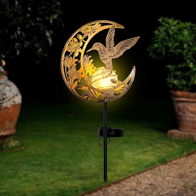 Solar Hummingbird Lights Outdoor Decor - Moon & Bird SolaGardenLights Waterproof, Auto On/Off Pathway Lighting for Yard/Lawn/Patio, Handcrafted Metal Solar-Stake-Lights for Outside Decorations ShangTianFeng