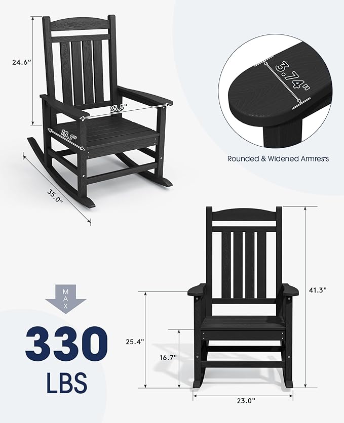 KINGYES Outdoor Rocking Chair Set of 2, High Density Polyethylene Patio Rocking Chairs with 330lbs Support for Adults, Black KINGYES