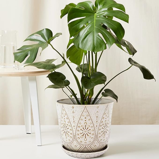 Gepege 8 Inch Plant Pot, Creamy White Ceramic Planter with Drainage Holes and Saucers for Plants Indoor and Outdoor Flower Pot Gepege
