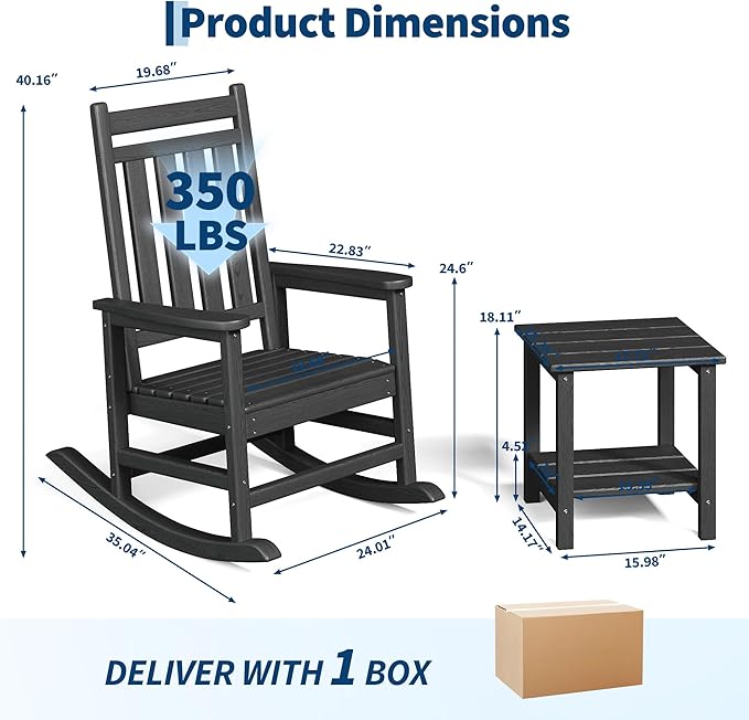 HDPE Rocking Chair Outdoor Set of 2 with Side Table - Poly High Back Porch Rocker Chairs for Adults - All Weather Resistant Furniture for Patio Front Porch - Black Garvee