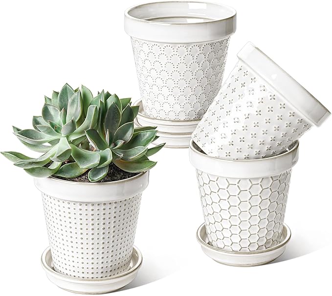LE TAUCI Ceramic Plant Pots, 4.9 Inch Flower Pots with Drainage Hole & Saucer, Embossed Planter Pots for Indoor Plant Succulent, Orchid, Cactus, Home Decor - Set of 4, Arctic White LETAUCI