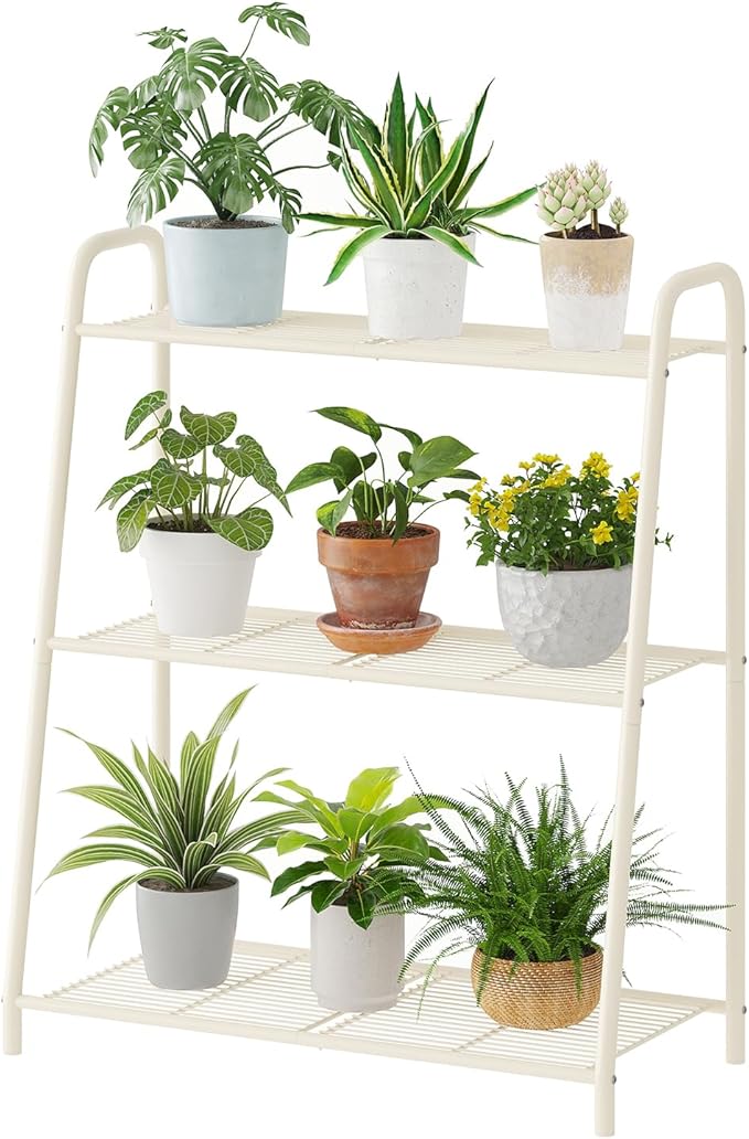 Metal Plant Stand Indoor Outdoor for Multiple Plants,3 Tier Plant Shelf,Large Heavy Duty Flower Holder Ladder Plant for Living Room, Patio, Balcony (White) Kitsanery