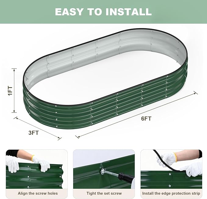 Raised Garden Bed, 6x3x1ft Galvanized Outdoor Planter Beds with Safety Edging and Gloves, Oval Metal Planter Box for Gardening Vegetables Flowers Herb-Deep Green Patiobay