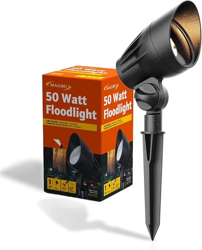 Malibu 50 Watt Floodlight Landscape Lights Outdoor Spotlight Waterproof Path Light Low Voltage Lighting with Spike Stand for Garden, Yard, Pathway, Lawn, Driveway Outdoor Lighting 8301-9601-01 Rootora