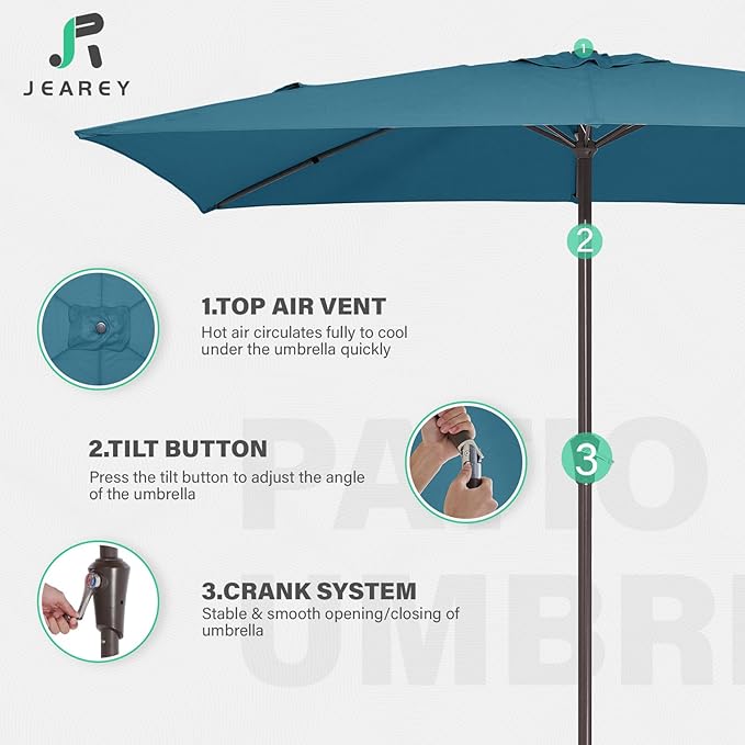 JEAREY 6.5x10 ft Rectangular Patio Umbrellas Rectangle Outdoor Umbrella with Push Button Tilt and Crank, Market Table Umbrella 6 Sturdy Ribs UV Protection for Poolside Garden Backyard Deck, Lake Blue JEAREYOutdoorsCollection