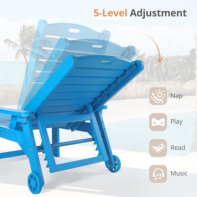 LUE BONA Chaise Lounge Chair with Table, 3-Piece, HDPS Chaise Lounger, 5 Positions Adjustable Lounge Chairs, Pool Lounge Chair with Wheels for Poolside, Backyard, Blue LUEBONA