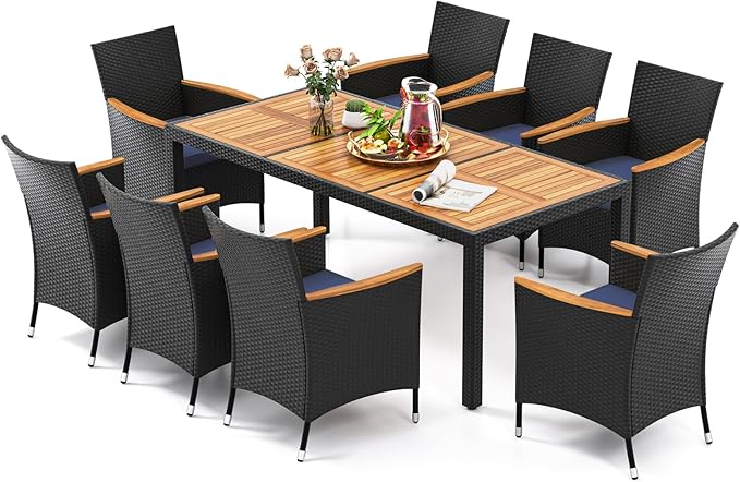 Tangkula 9 Pieces Rattan Outdoor Dining Set for 8, Outdoor Acacia Wood Table Set with 8 Cushioned Wicker Chairs, Umbrella Hole, Patio Dining Furniture Set for Deck Pool Backyard TANGKULA