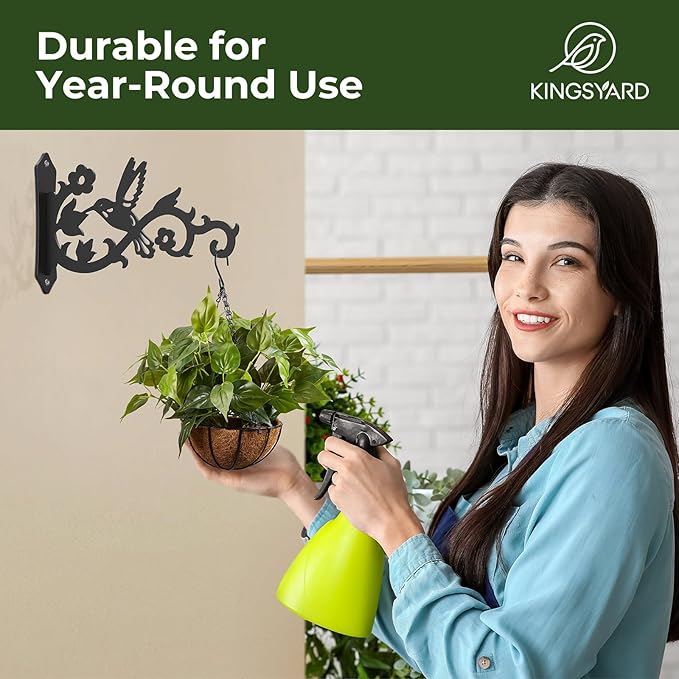 Kingsyard 2-Pack Wall Plant Hangers Outdoor Indoor, 8 Inch Heavy Duty Solid Metal Brackets with Bird Design, Anti Rust Plant Hooks for Plants, Bird Feeders, Lanterns, Wind Chimes, Hummingbird Design Kingsyard