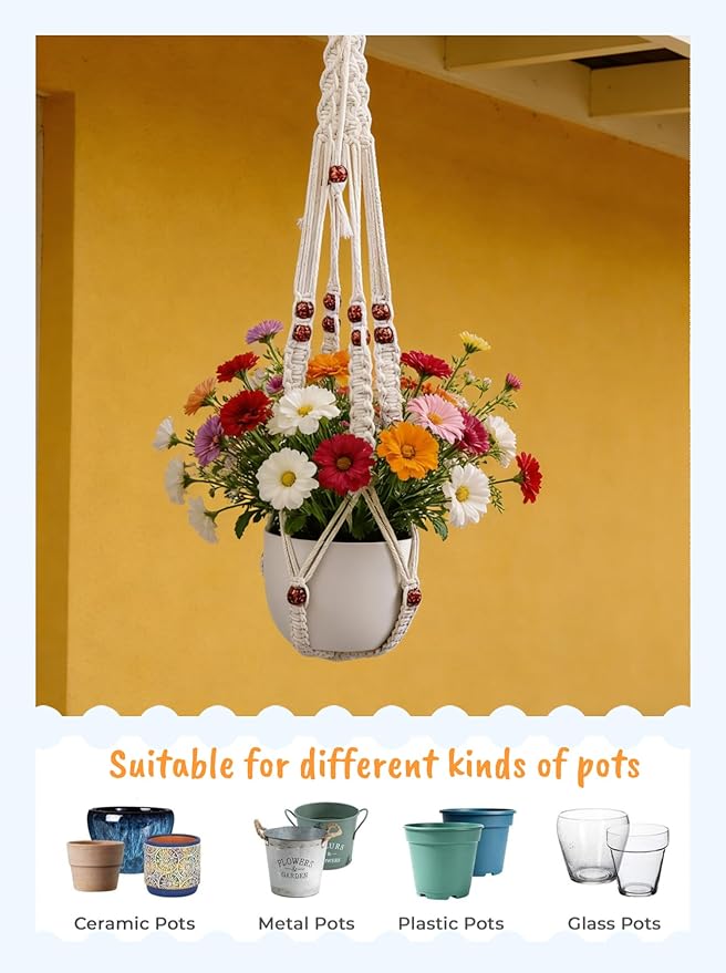 35 inch Macrame Plant Hanger for 5-10 Pot Indoor wall Window Boho Long Crochet White Rope Hanging Planters for Plant Holder Outdoor (Ivory2) HUIHONGHOME