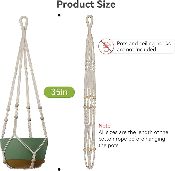 USLAI Macrame Plant Hanger Indoor Outdoor, Fits 4 to 15 Inch Pots, Strong Hanging Planter Holder, Boho Home Decor, 35 Inch, Ivory, Set of 3 (POTS NOT Included) USLAI
