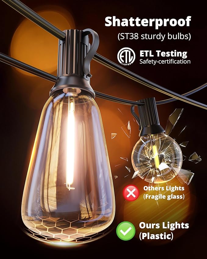 VIPAR LED Outdoor String Lights, 100FT Patio Lights with 32 Edison Shatterproof Bulbs, IPX5 Waterproof Outside Hanging Light Connectable for Backyard Porch Balcony Garden Deck Decor, E12 Base, Black VIPAR