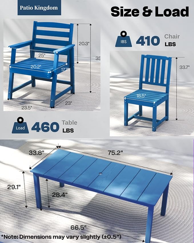 9-Piece Outdoor Dining Set for 8, 75.2'' HDPE Table with Umbrella Hole & Chairs, Weather-Resistant Patio Furniture for Lawn, Yard, Balcony, Deck Navy Blue PatioKingdom