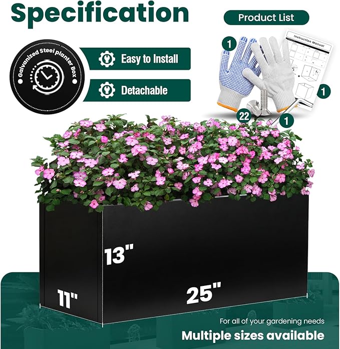 Galvanized Steel Metal Planter 25" L x 11" W x 13" H Rectangular Indoor Black Planter Box Large Outdoor Planters Steel Commercial Residential for Patio, Garden GZGNEEVL