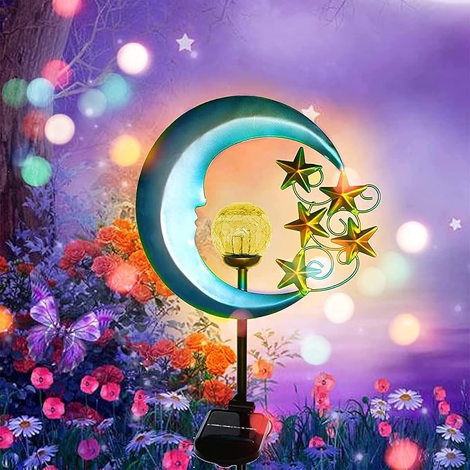 Stars Moon Solar Lights Outdoor - Solar Powered Garden Lights Decorative Crackle Glass Globe Led Waterproof Landscape Lighting for Pathway,Yard,Lawn,Patio SunsGiftNighttimeBliss