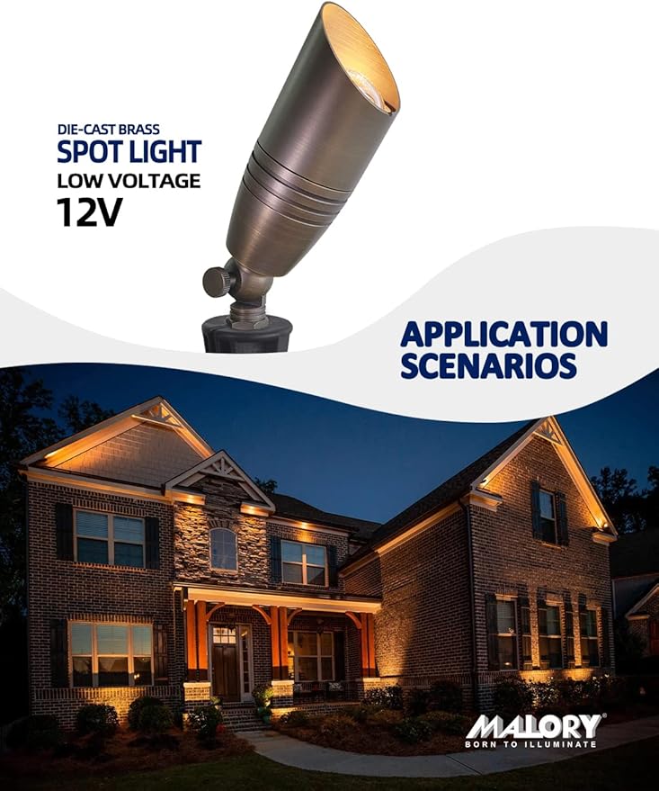 MALORY Brass Landscape Spotlights 1-Pack with MR16 Bulb(S02), 12V Low Voltage Landscape Lighting LED Outdoor Spot Uplights for House and Tree,PVC Ground Stake and Wire Connector Included, 5W 2700K MALORY