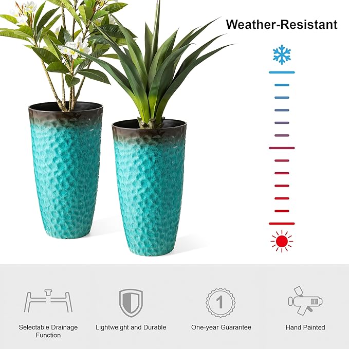 Glitzhome 23.75" H Large Planters for Outdoor Plants,Set of 2 Plastic Tall Outdoor Planters with Drainage Holes,Honeycomb Textured Gradient Turquoise Finish, Large Flower Pots for Front Porch Indoor Glitzhome