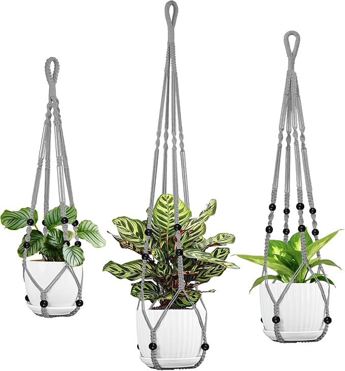 Macrame Plant Hanger - Fits 4 to 15 inches Pots for Indoor Outdoor, 43"/35"/29" Different Sizes Set, Gray (POTS NOT Included) IDEEEPAN
