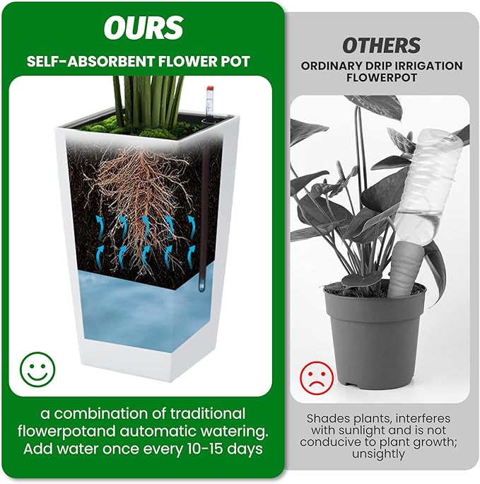 Garvee 16" Tall Planters Set of 2, Outdoor＆Indoor Black Planter Pots, High Front Porch Planter Pots with Drainage Holes＆Water Level Monitor＆Inner Bucket,White Garvee