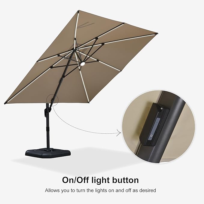 PURPLE LEAF 10 Feet Patio Umbrella Outdoor Cantilever Solar Powered LED Square Umbrella Aluminum Offset Umbrella with 360-degree Rotation for Garden Deck Pool Patio, Beige PURPLELEAF