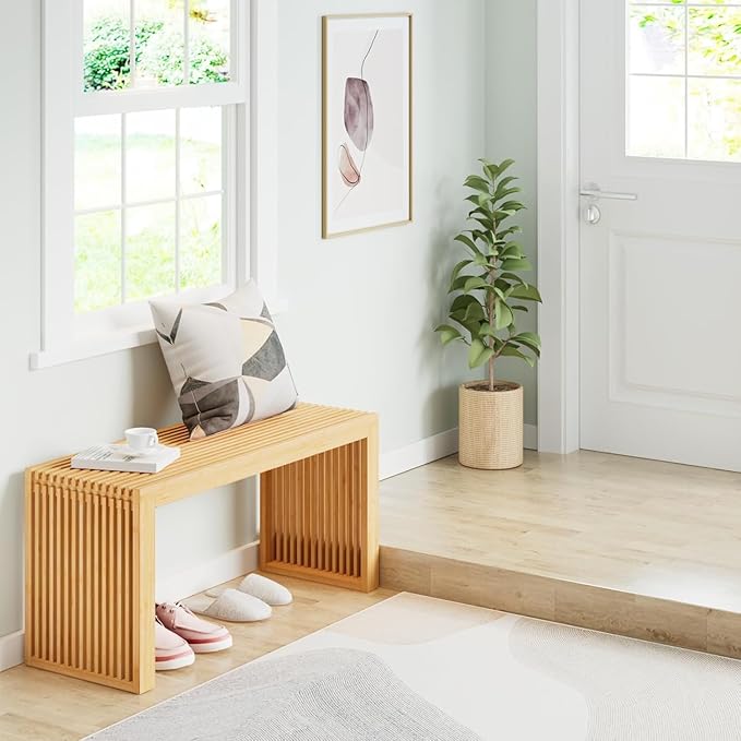 Bamboo Dining Bench, 35 inch Farmhouse Decor Indoor Kitchen Table Bench, Entryway Shoe Rack Bench Solid Bamboo Benches for Living Room, Hallway, Bedroom, Bathroom (Nature, Long-Outdoor) HEALTHYYOU