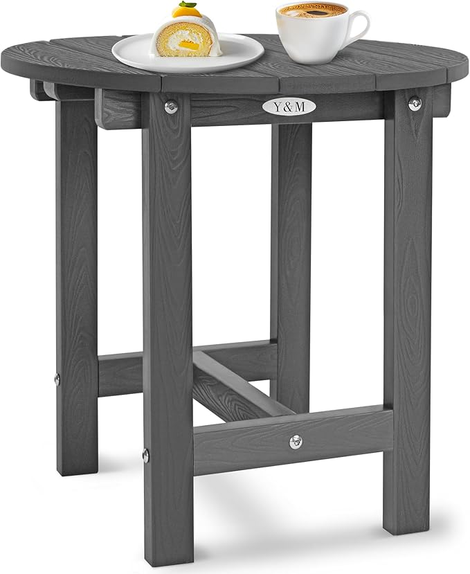 Y&M Outdoor Side Table, Waterproof Four-Legged Round Entryway End Table, Single-Tier HDPE Modern Small Coffee Nightstand for Bedroom, Living Room, Patio, Indoor or Outdoor Use, Dark Gray YM