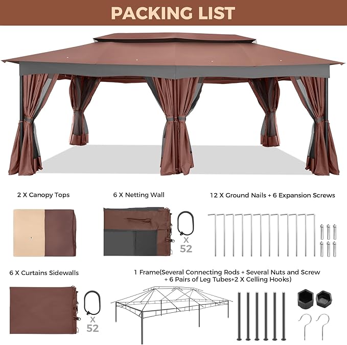 COBIZI Gazebo 12x20 Heavy Duty Gazebos with Curtain and Netting Outdoor Gazebo Canopy Double Roof Patio Gazebos with Metal Steel Frame for Patio, Deck, Backyard-Brown COBIZI