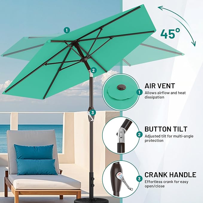 AreShark 7.5FT Patio Umbrella Table Market Umbrella with 6 Sturdy Ribs, Button Tilt/Crank Heavy-Duty Round Outdoor Umbrellas for Garden, Deck, Backyard,and Pool, Aruba Blue Rootora