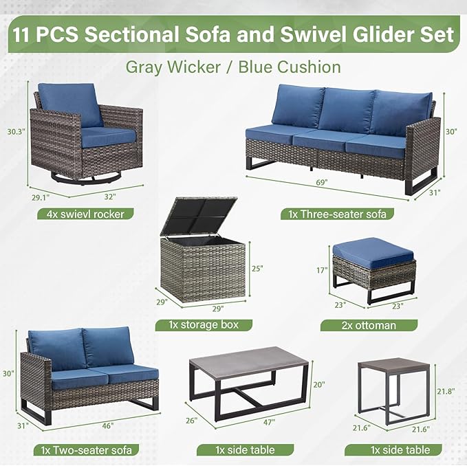 Belord Spacious 11 Pieces Patio Conversation Set - 5-Seater Outdoor Furniture Sectional Sets with Swivel Glider Chairs Set of 4 and Storage Box, Metal Top Coffee Table with Embedded Ottoman Gray Belord