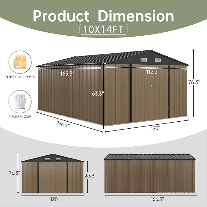 Devoko 10x14 FT Outdoor Storage Shed, Large Metal Storage Sheds with Lockable Door, Utility Garden Tool Shed with Sloping Roof, Outside Steel Storage Sheds for Patio Lawn Backyard, Brown DEVOKO